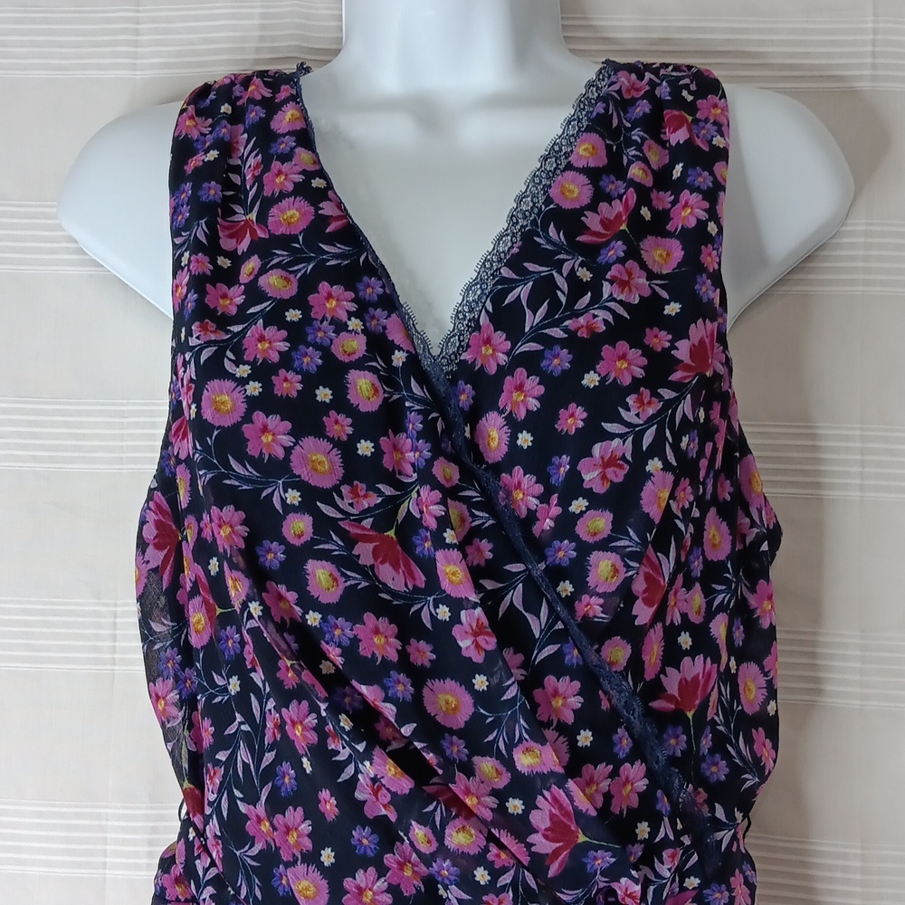 Dkny Navy Floral Sleeveless Asymmetrical Midi Dress - Picture 2 of 15